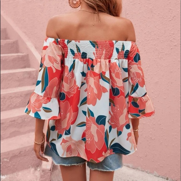 Boho Floral Print Smocked Shirred Off shoulder Top Blouse - Picture 2 of 7